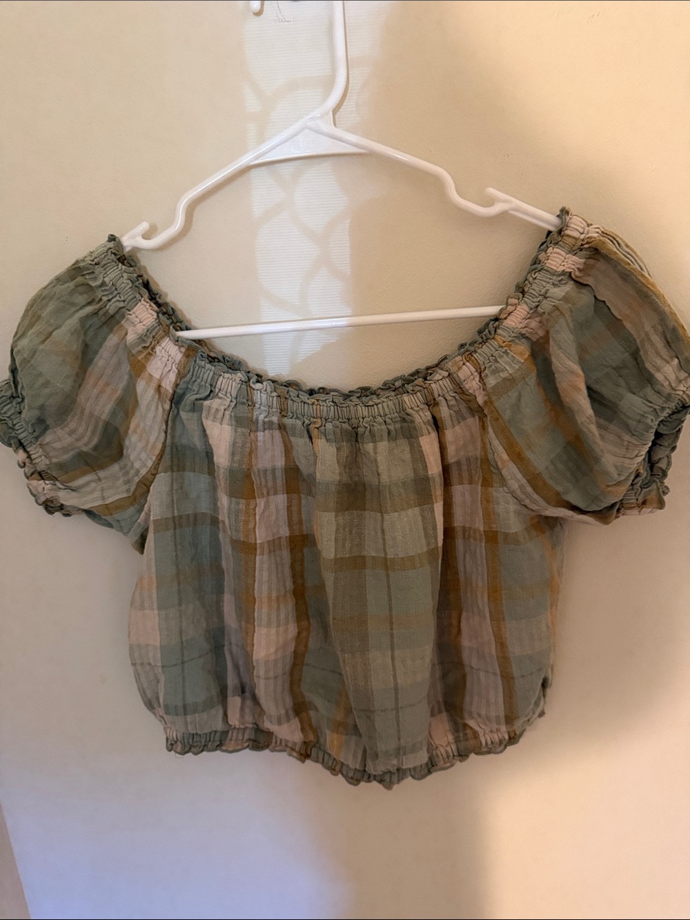 American Eagle Outfitters Sage Green & Cream Plaid Smocked Off-Shoulder Crop Top
